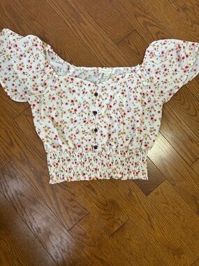 Smocked Floral Puff-Sleeve Crop Top - White with Pink Floral